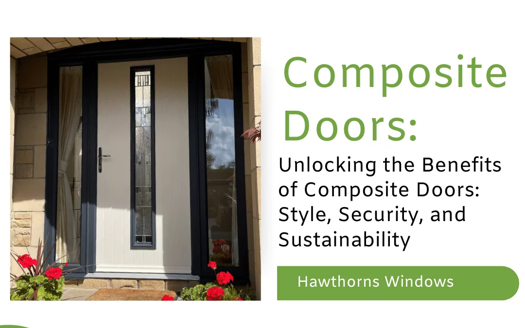 Composite doors blog banner containing an image of a white front door with a glass window pane in the middle and roses either side of the door